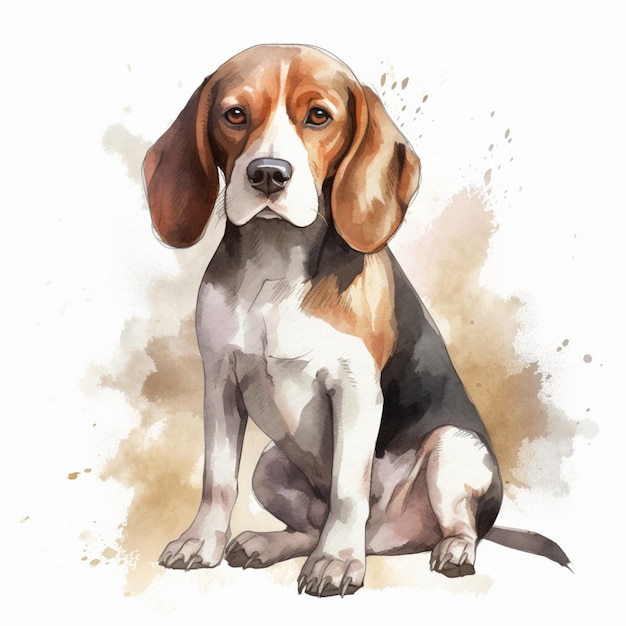 Una pintura de acuarela de un perro con nariz marrón y ojos negros.