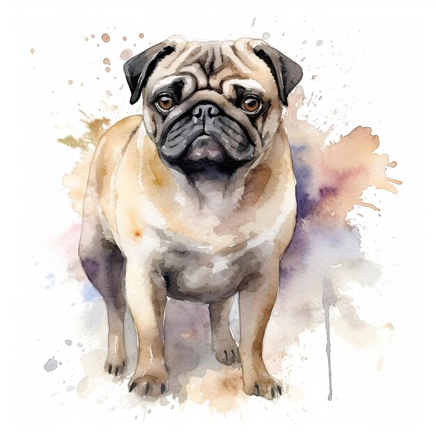 Una pintura de acuarela de un perro pug con una expresión triste.