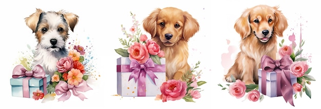 Pintura acuarela de perros con regalos y flores