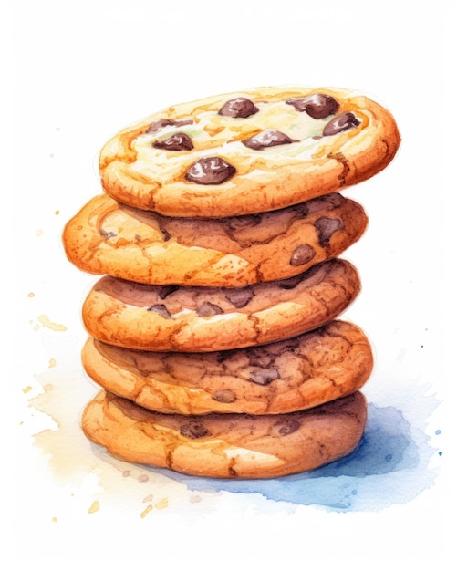 Una pintura de acuarela de una pila de galletas con trocitos de chocolate.