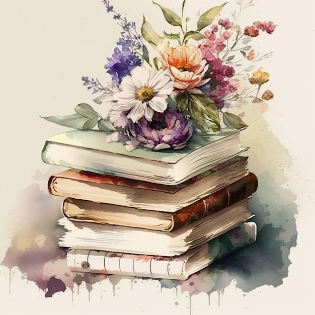 Una pintura de acuarela de una pila de libros con flores en la parte superior.
