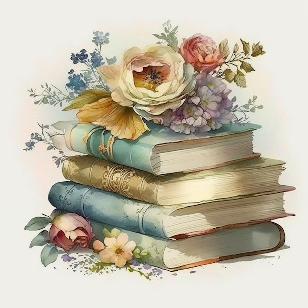 Una pintura de acuarela de una pila de libros con flores en la parte superior.