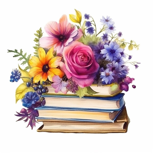 Una pintura de acuarela de una pila de libros con flores en la parte superior.