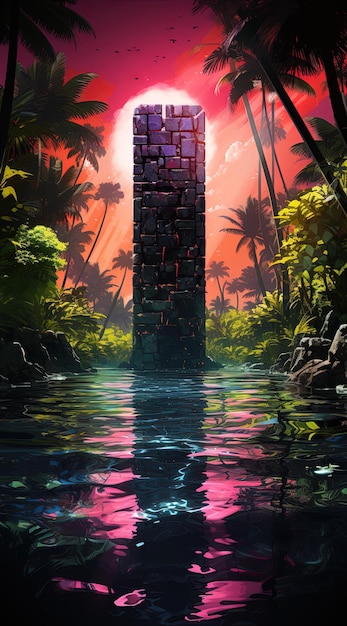 Foto una pintura en acuarela de un pilar de piedra en un bosque tropical