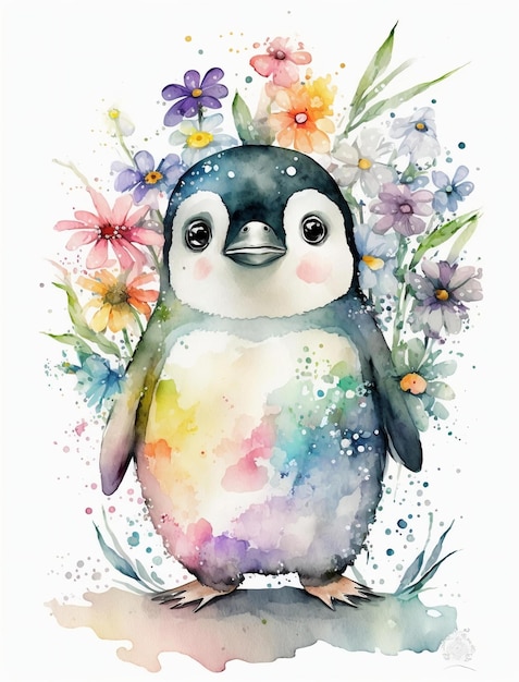 Una pintura de acuarela de un pingüino con flores.