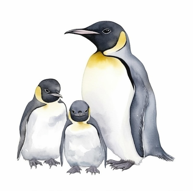 Una pintura de acuarela de un pingüino con el nombre de pingüinos emperador.