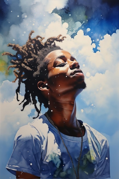 Pintura en acuarela de una pintura que representa a un joven mirando hacia las nubes