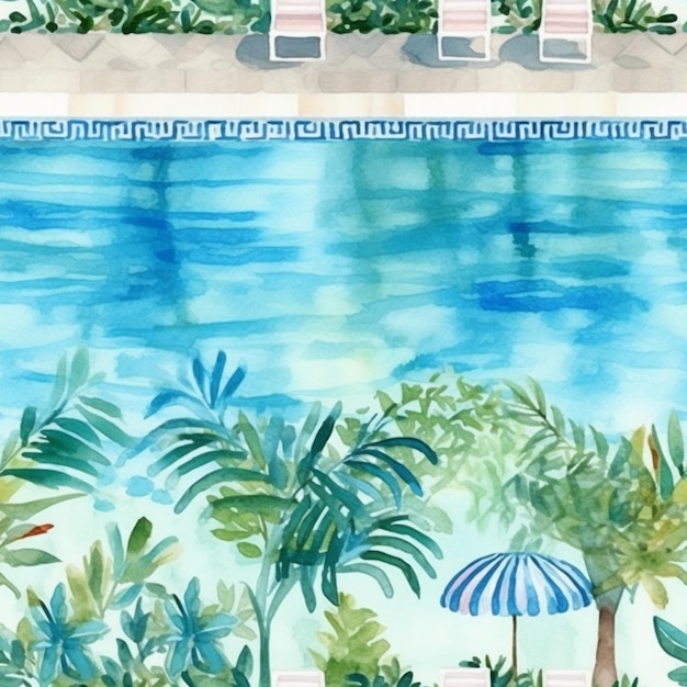 Una pintura de acuarela de una piscina con palmeras y una piscina azul con un sillón de rayas blancas y azules.