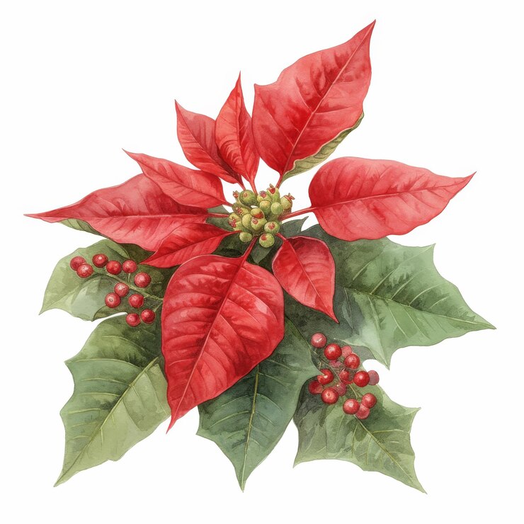 Pintura en acuarela de la planta de poinsettia festiva vibrante sobre un fondo blanco Obra artística de flores de invierno con colores alegres