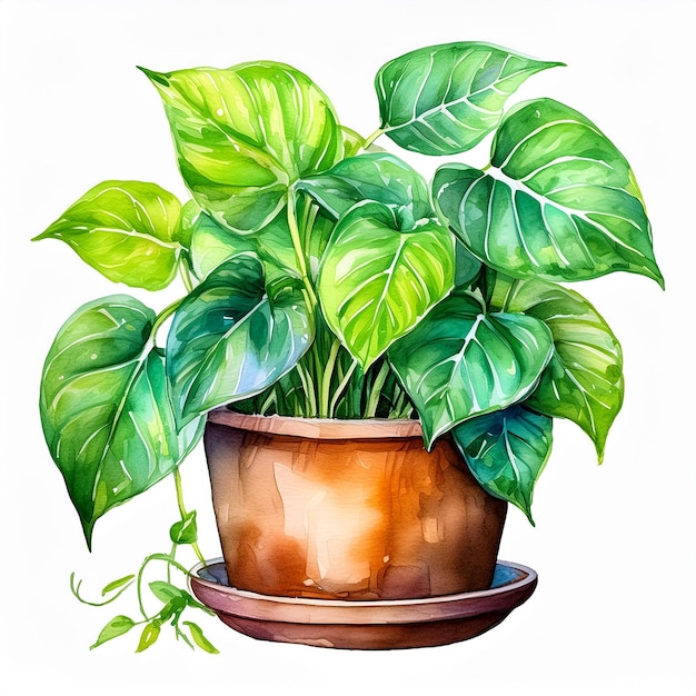 Pintura en acuarela de una planta de Pothos en una olla Jardín doméstico Planta de interior verde Arte abstracto dibujado a mano