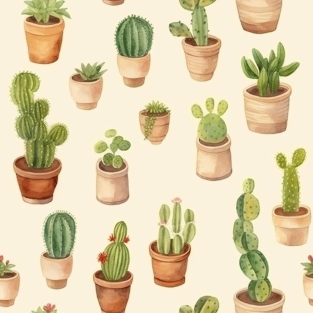 una pintura en acuarela de plantas de cactus en ollas sobre un fondo blanco