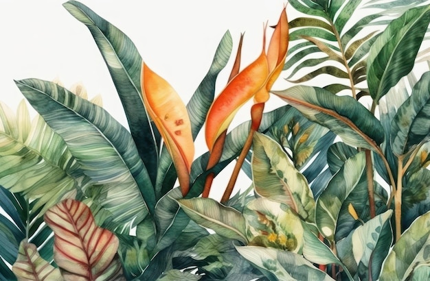 Una pintura de acuarela de plantas tropicales.