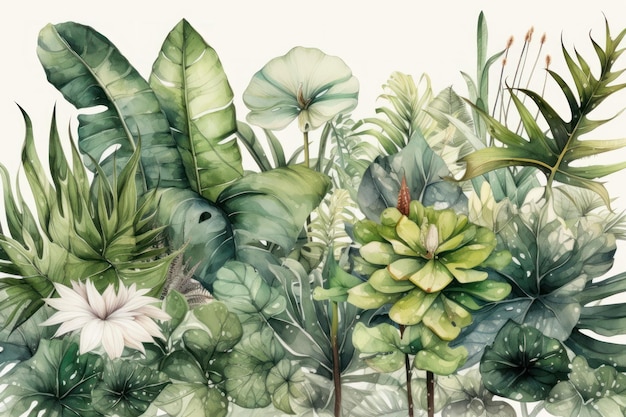 Una pintura de acuarela de plantas tropicales.