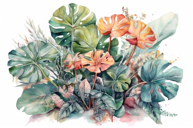 Una pintura de acuarela de plantas tropicales.