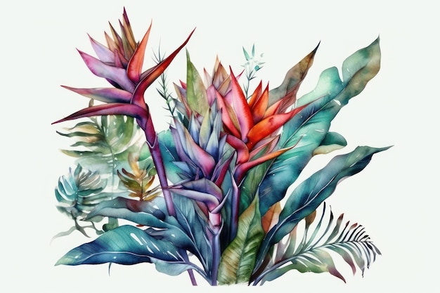 Una pintura de acuarela de plantas tropicales.