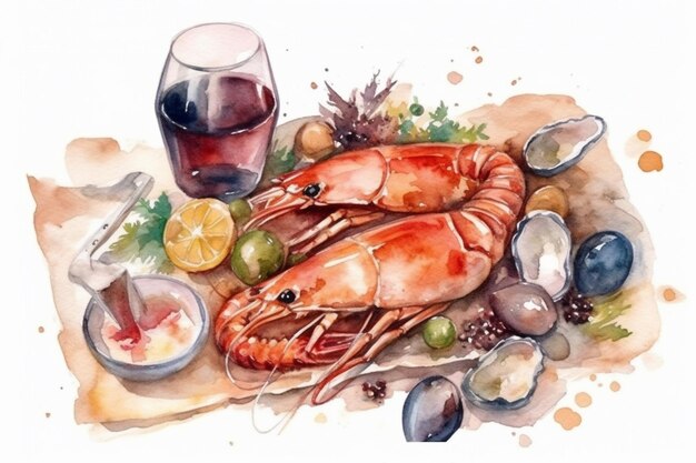 Una pintura de acuarela de un plato de mariscos con una copa de vino y una langosta.