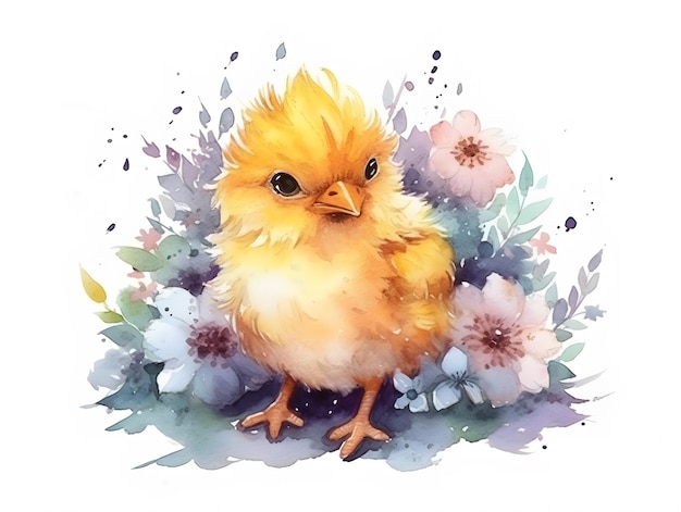 Pintura acuarela de un pollo con flores.