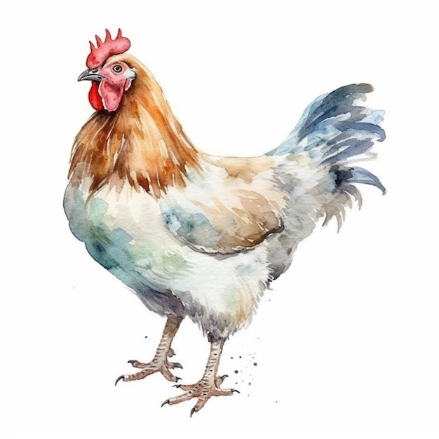 Una pintura de acuarela de un pollo con un peine rojo.