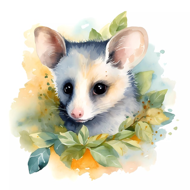 Una pintura de acuarela de Possum con hojas verdes.