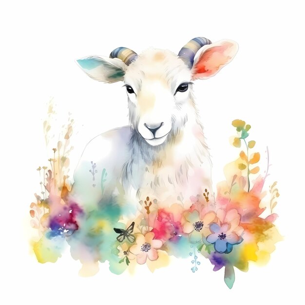 Pintura de acuarela de primavera caprichosa de una corona de flores florales Retrato de animales de granja rural de ovejas