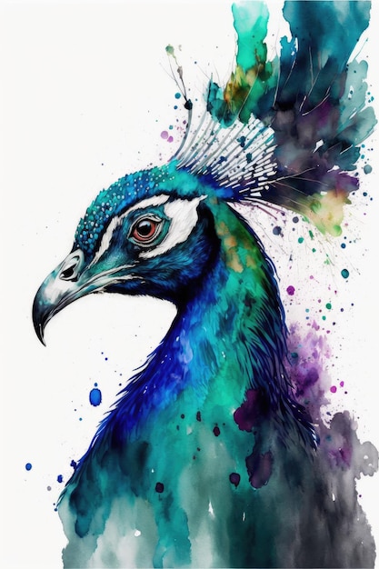 Pintura de acuarela de primer plano de obras de arte de pavo real de lado