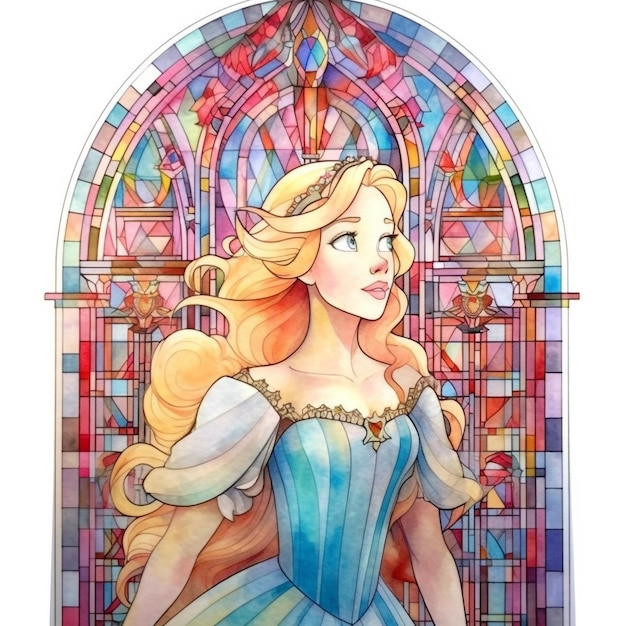 Una pintura de acuarela de una princesa en una vidriera.