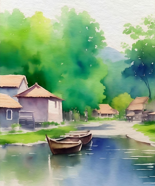 Pintura en acuarela de un pueblo rústico junto al río