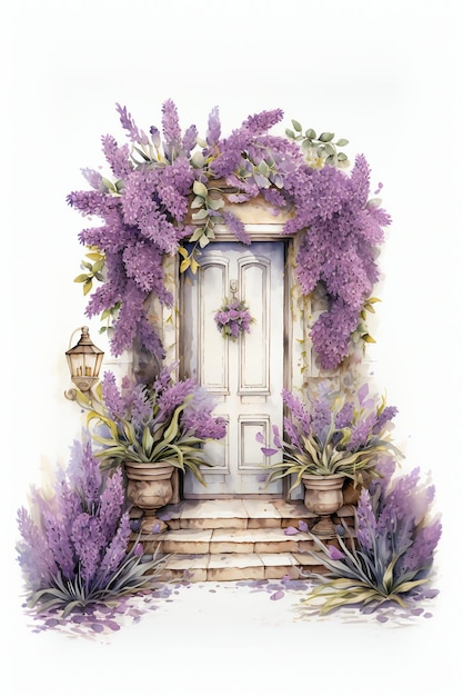 Una pintura de acuarela de una puerta con una puerta y flores.