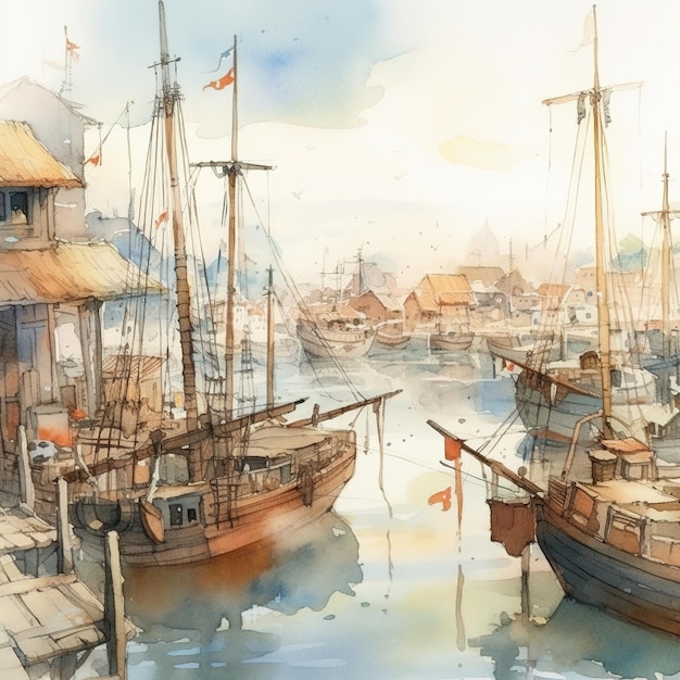 Una pintura de acuarela de un puerto con barcos en el agua.