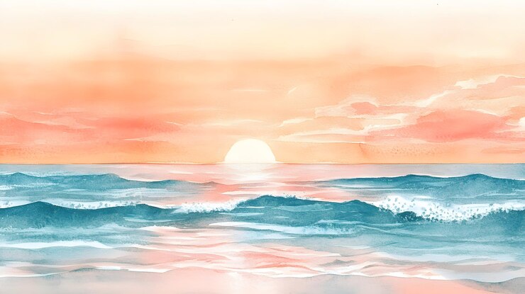 Pintura en acuarela de una puesta de sol sobre el océano
