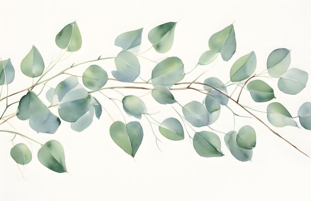 una pintura de acuarela de una rama con hojas y ramas verdes.