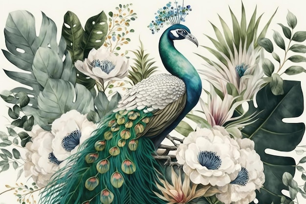 Pintura acuarela ramas de hojas de palmeras tropicales y flores con un pájaro pavo real blanco