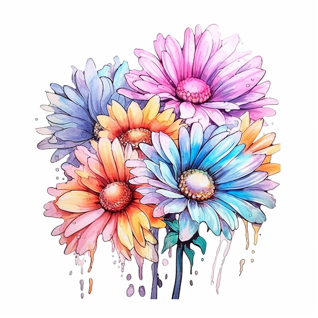 Una pintura de acuarela de un ramo de flores con los colores del arco iris.