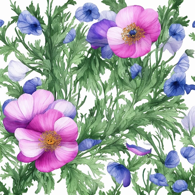 Una pintura de acuarela de un ramo de flores con flores azules y rosas.