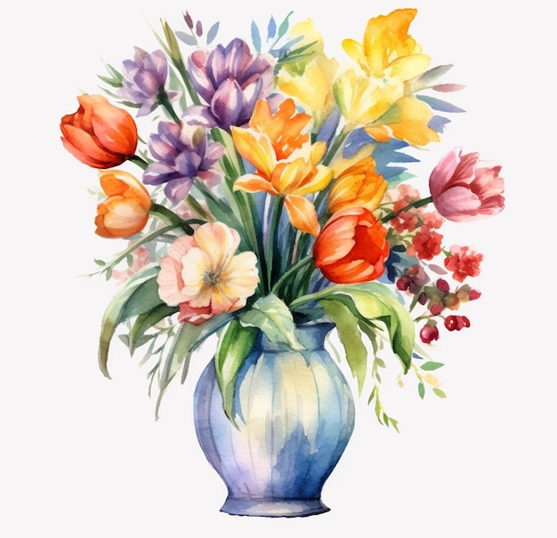 Una pintura de acuarela de un ramo de flores en un jarrón.
