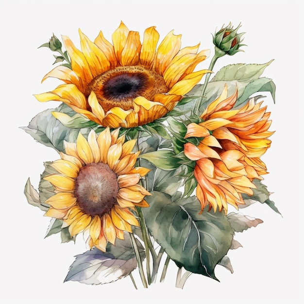 Una pintura de acuarela de un ramo de girasoles.