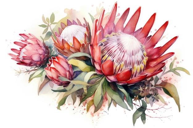 Pintura de acuarela de ramo de protea audaz