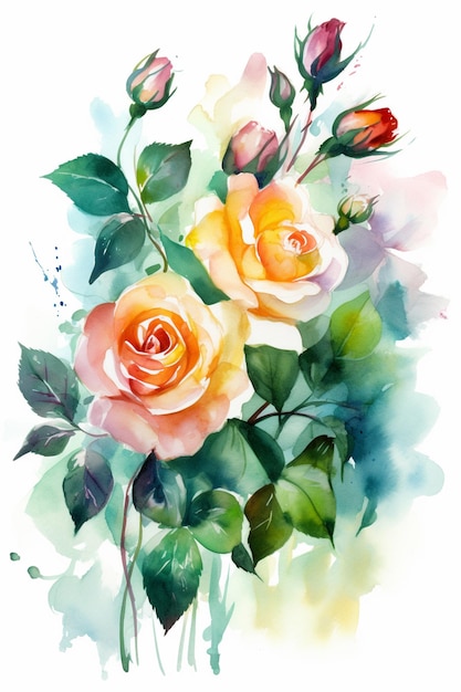 Una pintura de acuarela de un ramo de rosas.