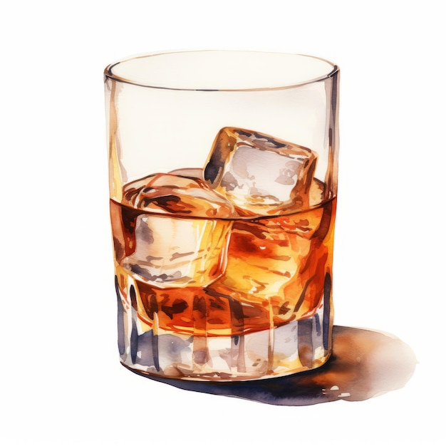 Pintura Acuarela Realista De Vaso De Whisky Con Hielo