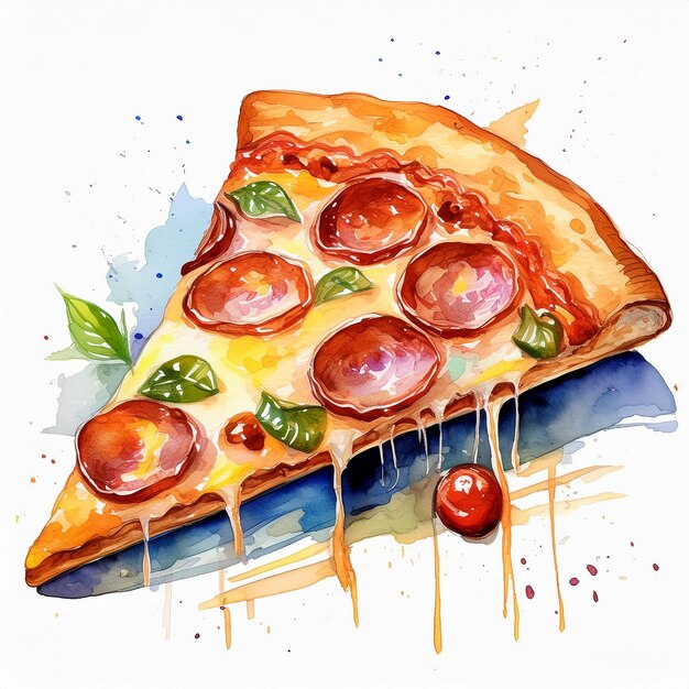 Foto pintura en acuarela de una rebanada de pizza de peperoni comida rápida sabrosa bocadillo delicioso arte dibujado a mano