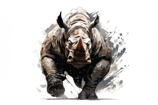 Foto pintura acuarela de rinoceronte enojado corriendo sobre fondo blanco animales salvajes ilustración generativa ai