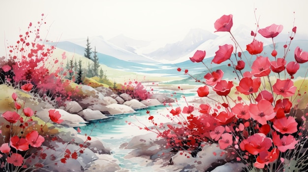 Pintura de acuarela de un río con flores rojas