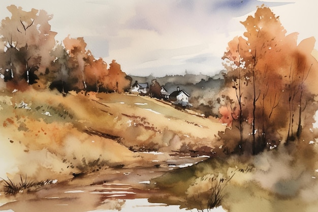 Una pintura de acuarela de un río en otoño.