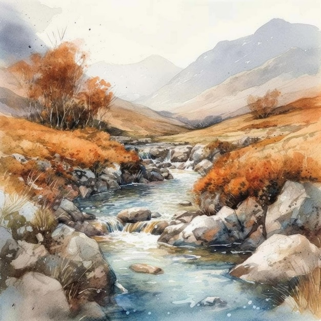 Pintura acuarela de un río en las tierras altas escocesas.