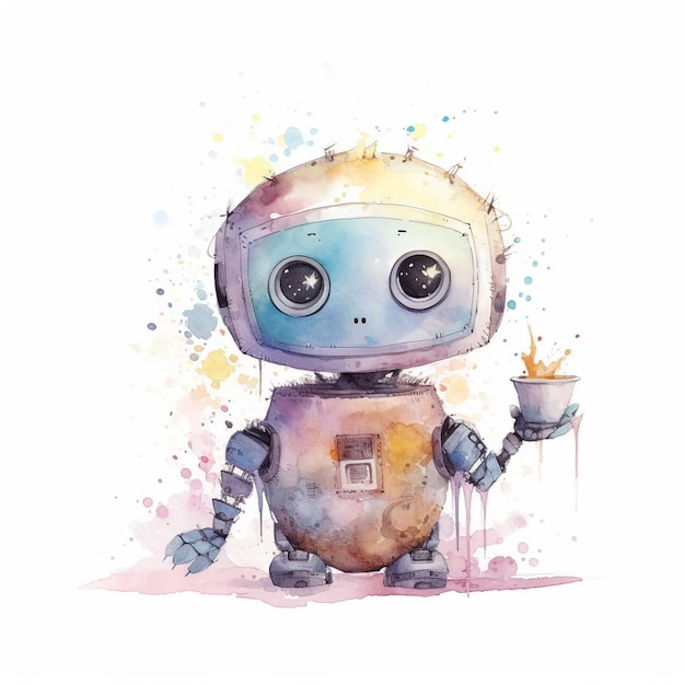 Una pintura de acuarela de un robot con una taza de té.