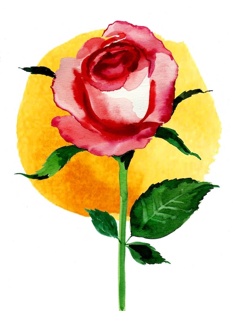 Una pintura de acuarela de una rosa con hojas verdes.