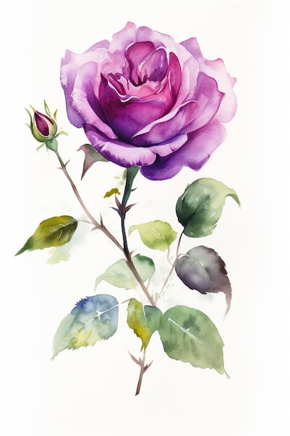 Una pintura de acuarela de una rosa morada con hojas verdes.