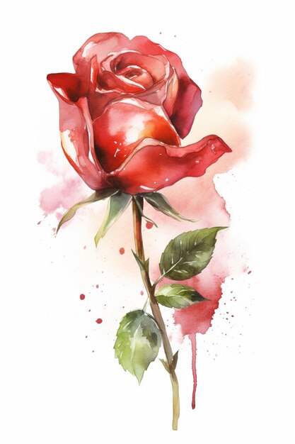 Una pintura de acuarela de una rosa roja con las palabras "amor" en la parte inferior.