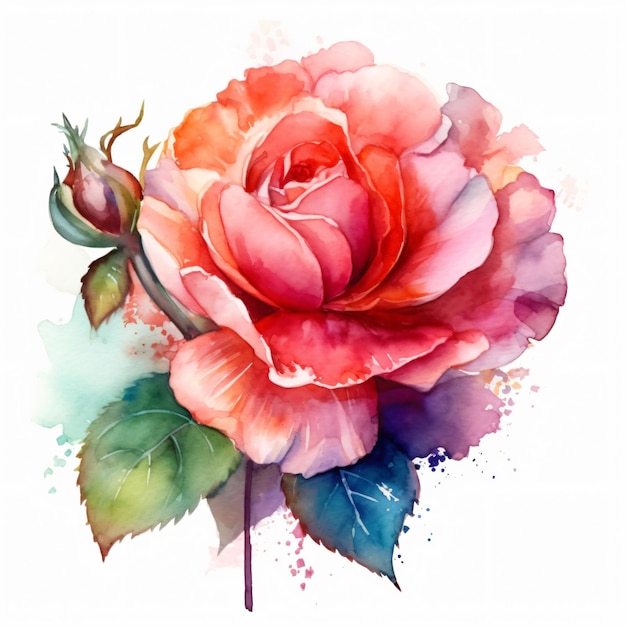 Una pintura de acuarela de una rosa rosa con un fondo azul y la palabra amor en ella.