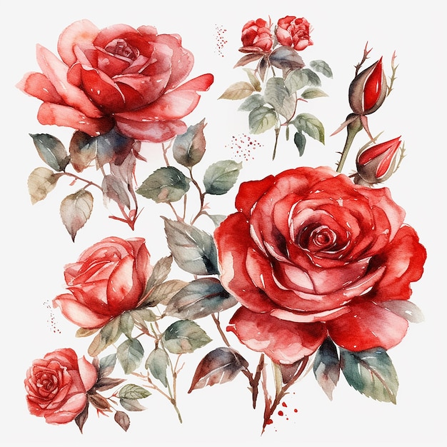 Una pintura de acuarela de rosas rojas con hojas y flores.